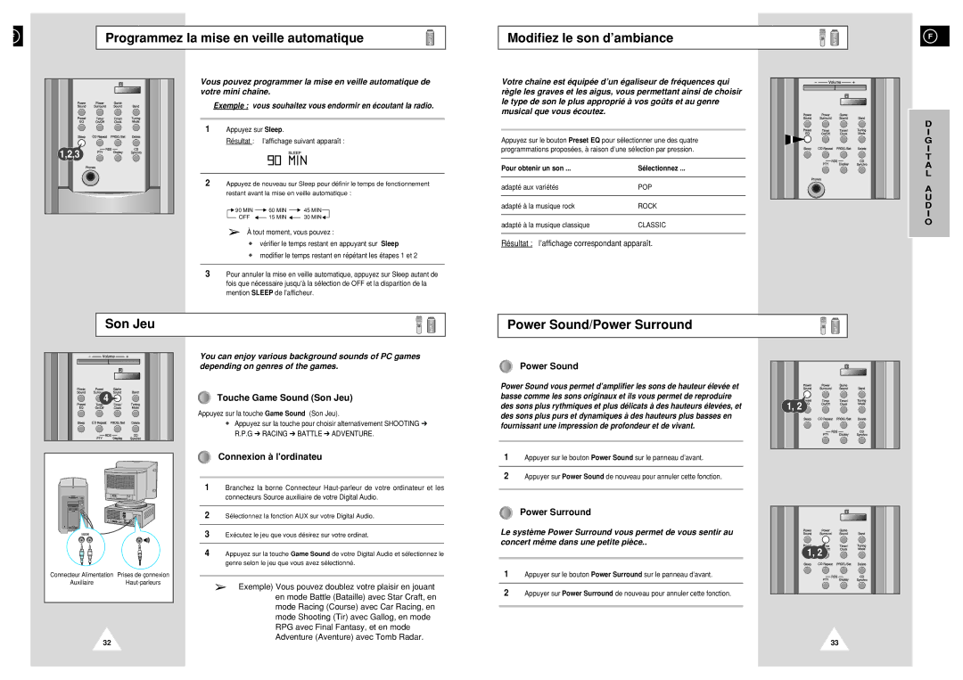 Samsung NACP50RH/ELS manual Son Jeu Power Sound/Power Surround, Touche Game Sound Son Jeu, Connexion à lordinateu 