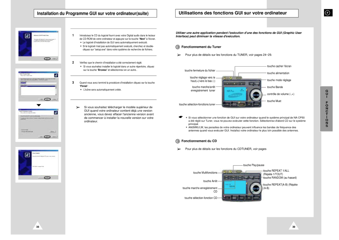 Samsung NACP50RH/ELS Utilisations des fonctions GUI sur votre ordinateur, Fonctionnement du Tuner, Fonctionnement du CD 