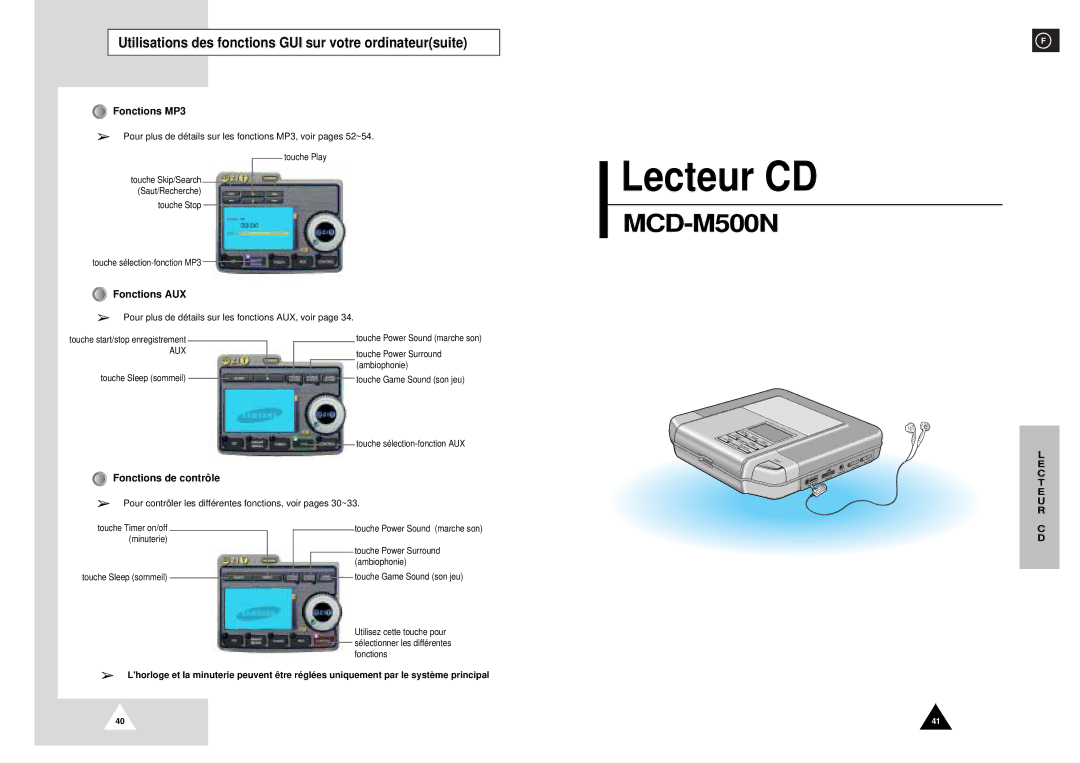 Samsung NACP50RH/ELS Fonctions MP3, Fonctions AUX, Fonctions de contrôle, Pour plus de détails sur les fonctions AUX, voir 