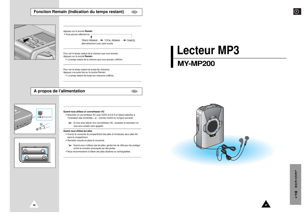 Samsung NACP50RH/ELS Fonction Remain Indication du temps restant, Propos de l’alimentation, Quand vous utilisez les piles 