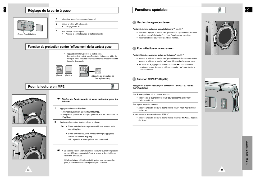 Samsung NACP50RH/ELS manual Réglage de la carte à puce, Fonctions spéciales, Pour la lecture en MP3, Fonction Repeat Répète 