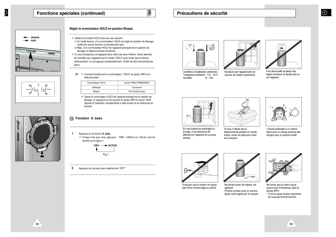 Samsung NACP50RH/ELS manual Fonctions spéciales, Précautions de sécurité, Fonction S. bass 