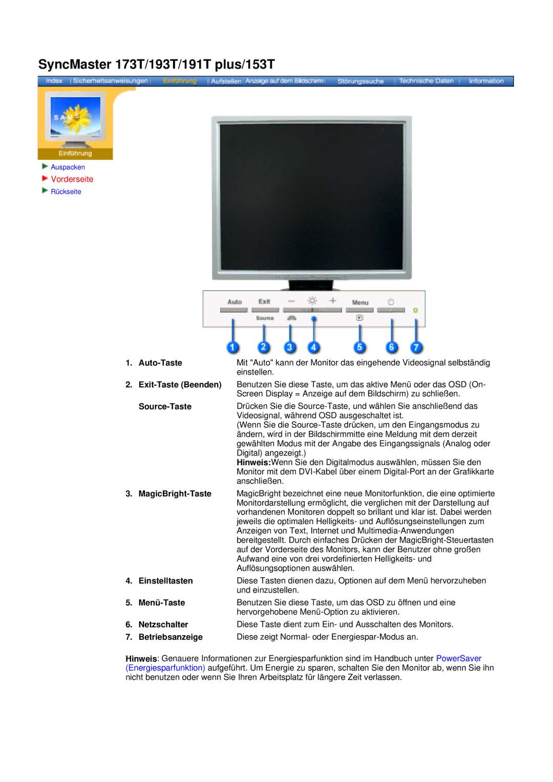 Samsung GG15ASSN, NB17ASBN Auto-Taste, Einstellen, Source-Taste, Einstelltasten, Menü-Taste, Netzschalter, Betriebsanzeige 