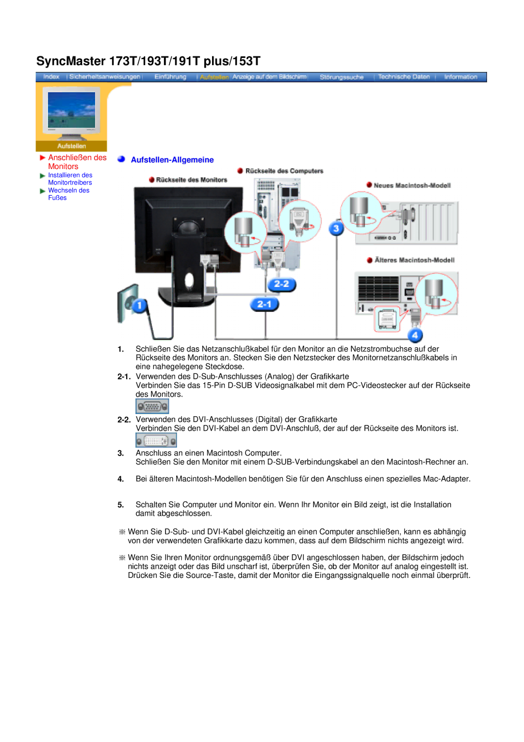 Samsung NB17BSPNV/EDC, NB17ASBN, GG15ASAS/XEU, NB17BSHSV/EDC, GG15ASSN manual Anschließen des Monitors, Aufstellen-Allgemeine 