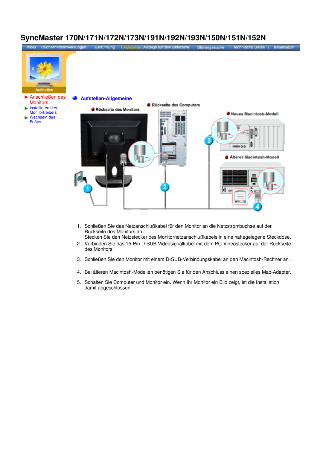 Samsung GG15ASAS/XEU, NB17ASBN, NB17BSHSV/EDC, GG15ASSN, GG15ASAN/EDC, GG15ASAS/EDC, NB17BSPSQ/EDC Anschließen des, Monitors 