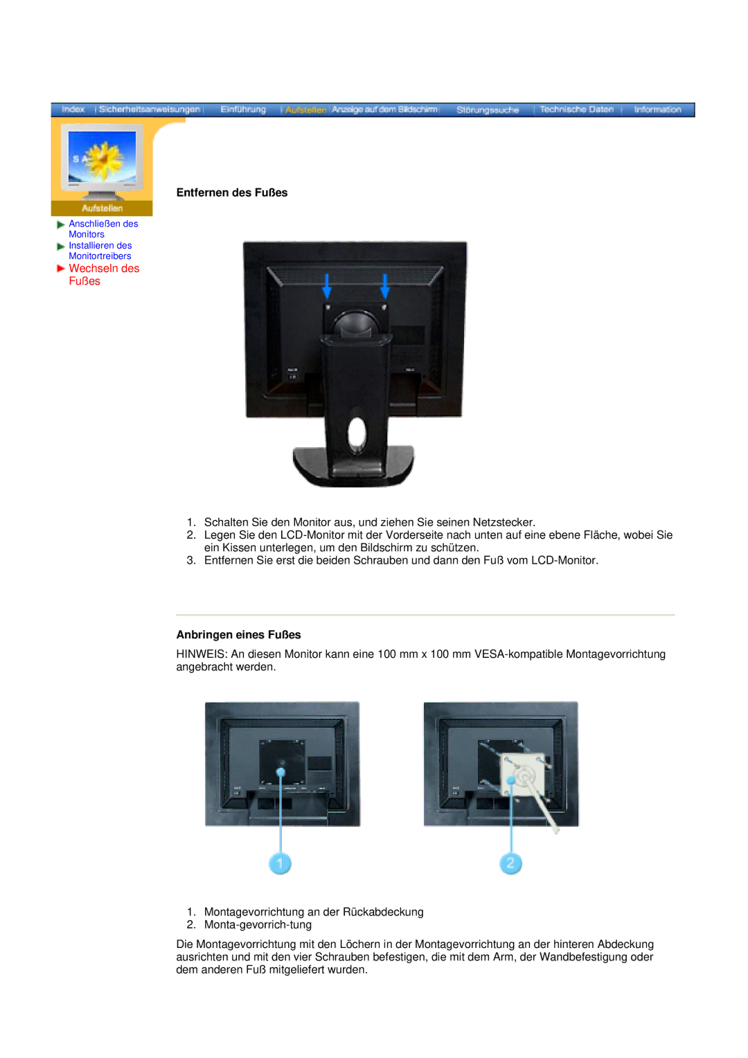 Samsung GG15ASAS/XEU, NB17ASBN, NB17BSHSV/EDC, GG15ASSN manual Entfernen des Fußes, Wechseln des Fußes, Anbringen eines Fußes 