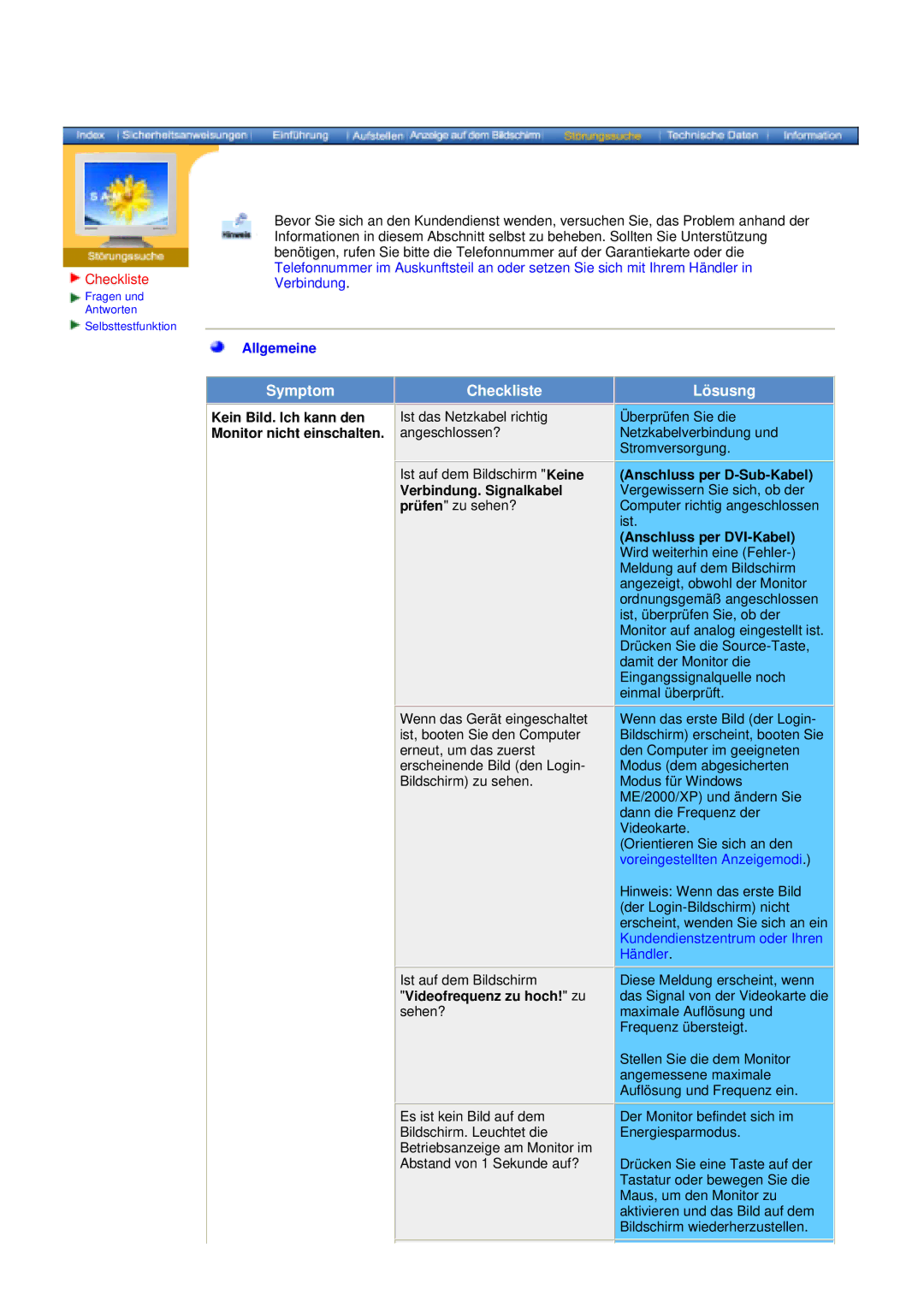 Samsung GG15ASSN, NB17ASBN, GG15ASAS/XEU, NB17BSHSV/EDC, GG15ASAN/EDC manual Checkliste, Videofrequenz zu hoch! zu sehen? 