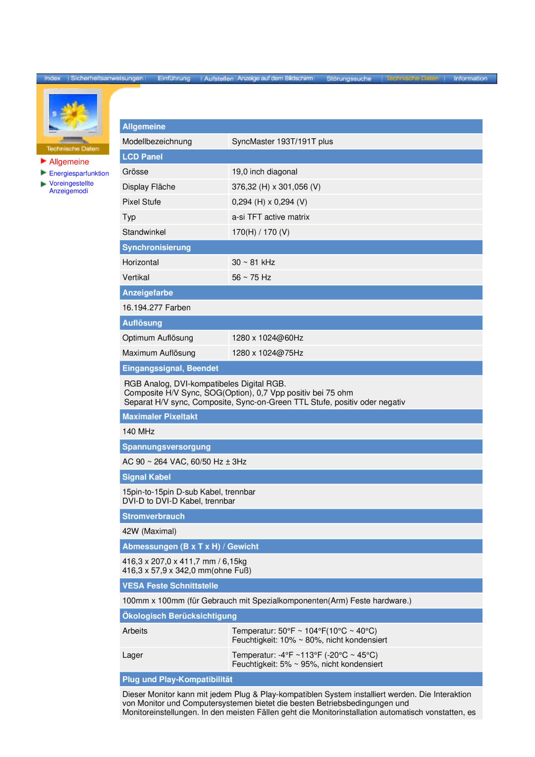 Samsung GG15ASSN, NB17ASBN, GG15ASAS/XEU, NB17BSHSV/EDC, GG15ASAN/EDC manual Modellbezeichnung SyncMaster 193T/191T plus 