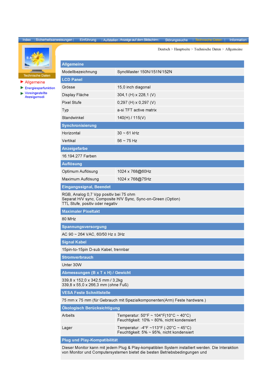 Samsung GG15ASSN, NB17ASBN, GG15ASAS/XEU, NB17BSHSV/EDC, GG15ASAN/EDC manual Modellbezeichnung SyncMaster 150N/151N/152N 