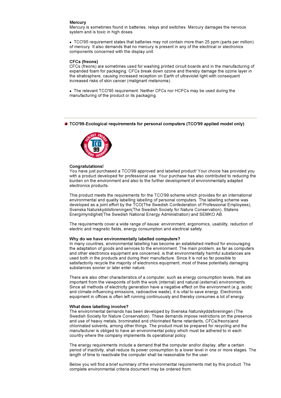 Samsung NB17ASBN, GG15ASAS/XEU, NB17BSHSV/EDC manual Mercury, CFCs freons, Why do we have environmentally labelled computers? 