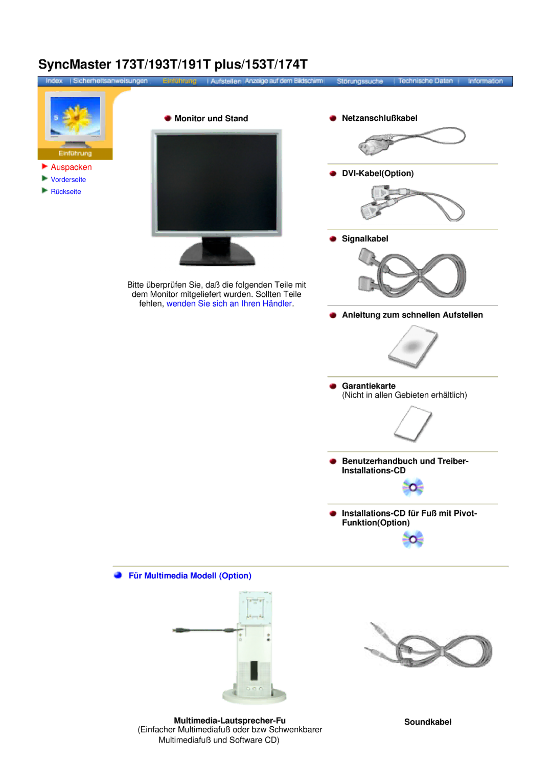 Samsung NB19BSPS/EDC Auspacken, Anleitung zum schnellen Aufstellen Garantiekarte, Multimedia-Lautsprecher-Fu Soundkabel 