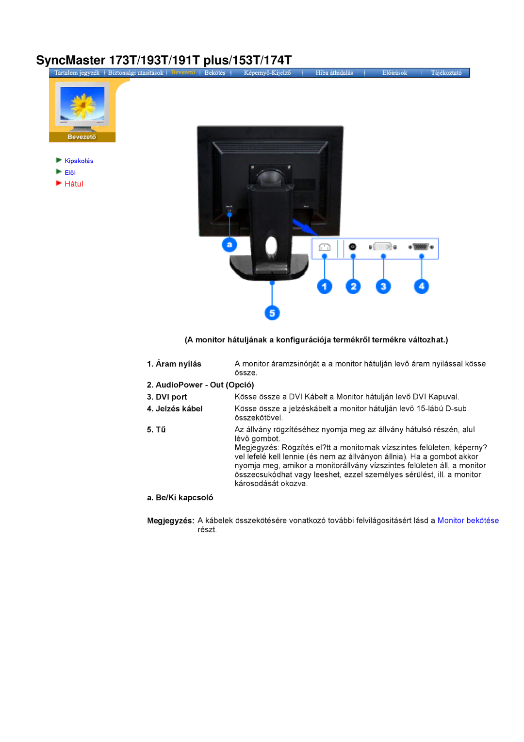 Samsung NB19ASHS/EDC, NB17ASBSY, NB17BSPSV/EDC, NB17BSPSD/EDC, NB19BSHS/EDC manual Össze, AudioPower Out Opció, Be/Ki kapcsoló 