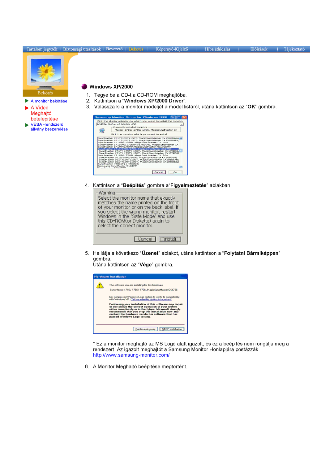 Samsung NB17BSPSD/EDC, NB17ASBSY, NB17BSPSV/EDC, NB19BSHS/EDC, NB19ASHS/EDC manual Kattintson a Windows XP/2000 Driver 