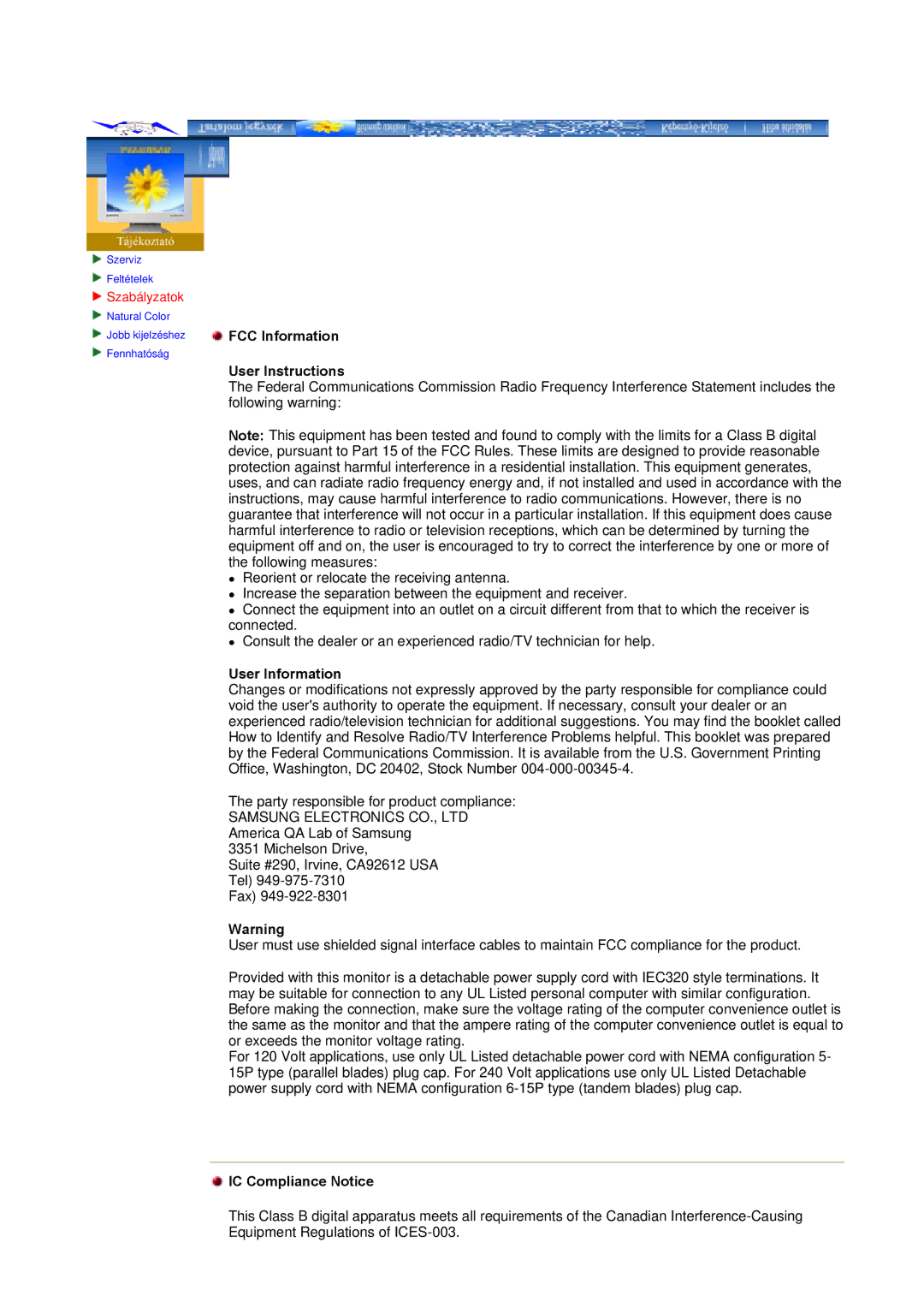 Samsung NB19ASHS/EDC, NB17ASBSY, NB17BSPSV/EDC FCC Information User Instructions, User Information, IC Compliance Notice 