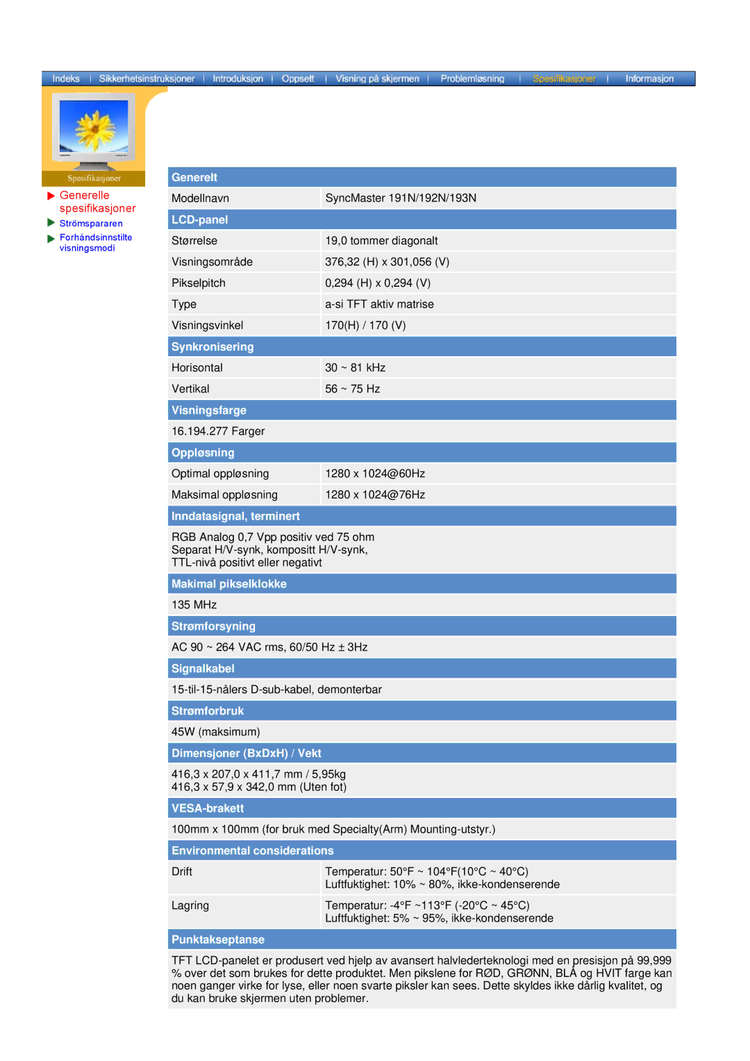 Samsung NB17BSPSQ/EDC, NB17ASHS/EDC, NB17BSHSQ/EDC, NB19BSHN/EDC manual Modellnavn SyncMaster 191N/192N/193N 