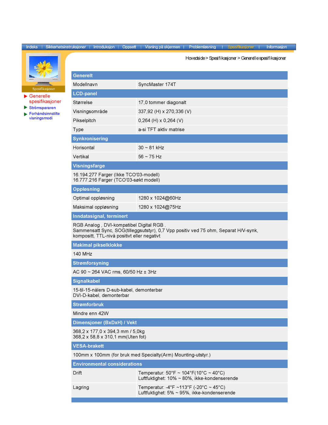 Samsung NB17BSHSQ/EDC, NB17ASHS/EDC, NB19BSHN/EDC, NB17BSPSQ/EDC manual Modellnavn SyncMaster 174T 