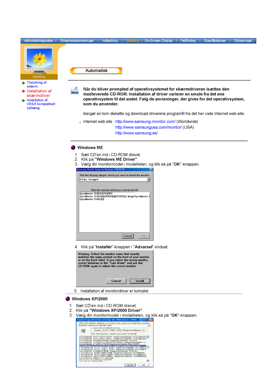 Samsung NB17BSPSQ/EDC, NB17ASHS/EDC, NB17BSHSQ/EDC manual Klik på Windows ME Driver, Klik på Windows XP/2000 Driver 