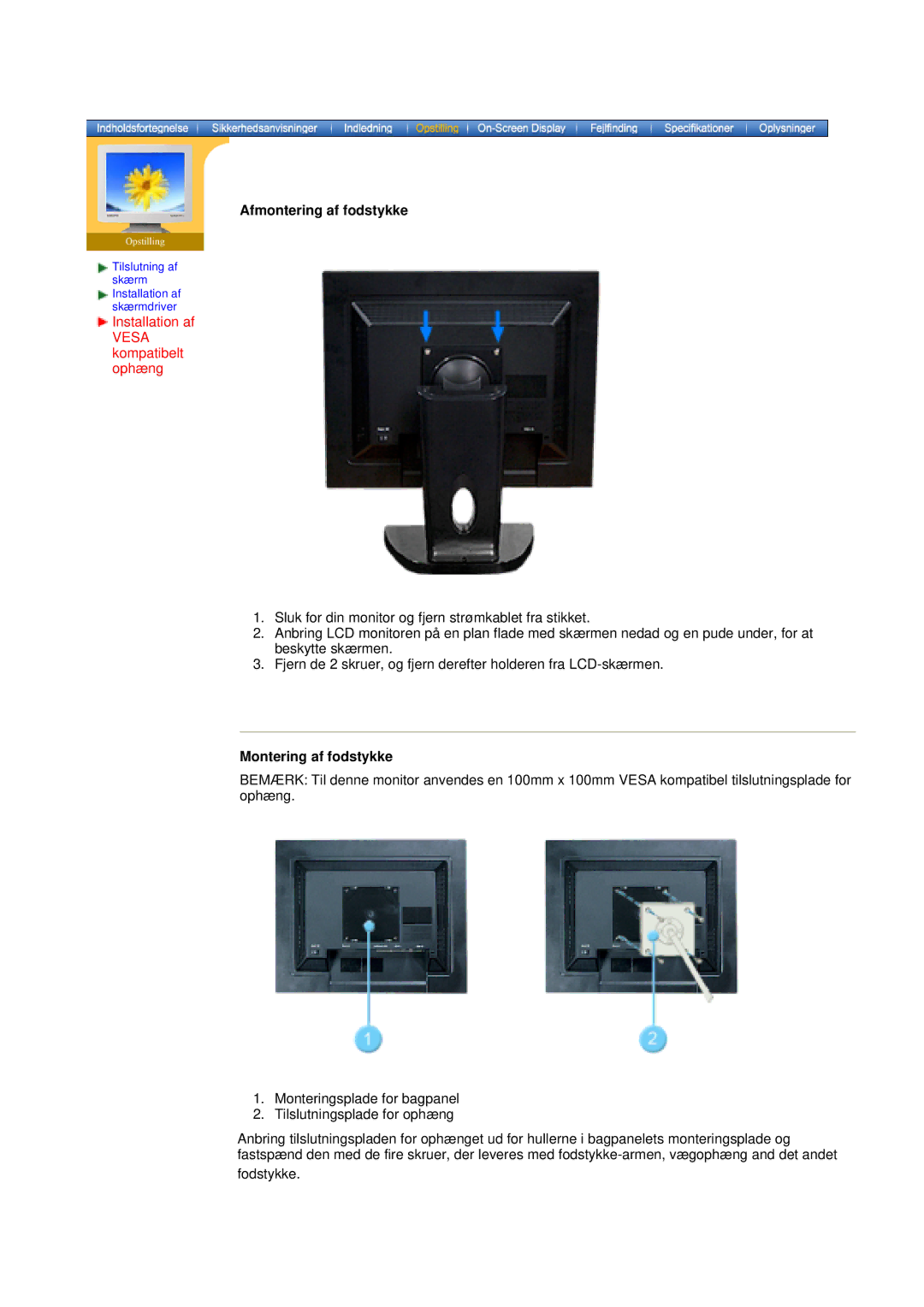 Samsung NB17BSHSQ/EDC, NB17ASHS/EDC, NB19BSHN/EDC, NB17BSPSQ/EDC manual Afmontering af fodstykke, Montering af fodstykke 