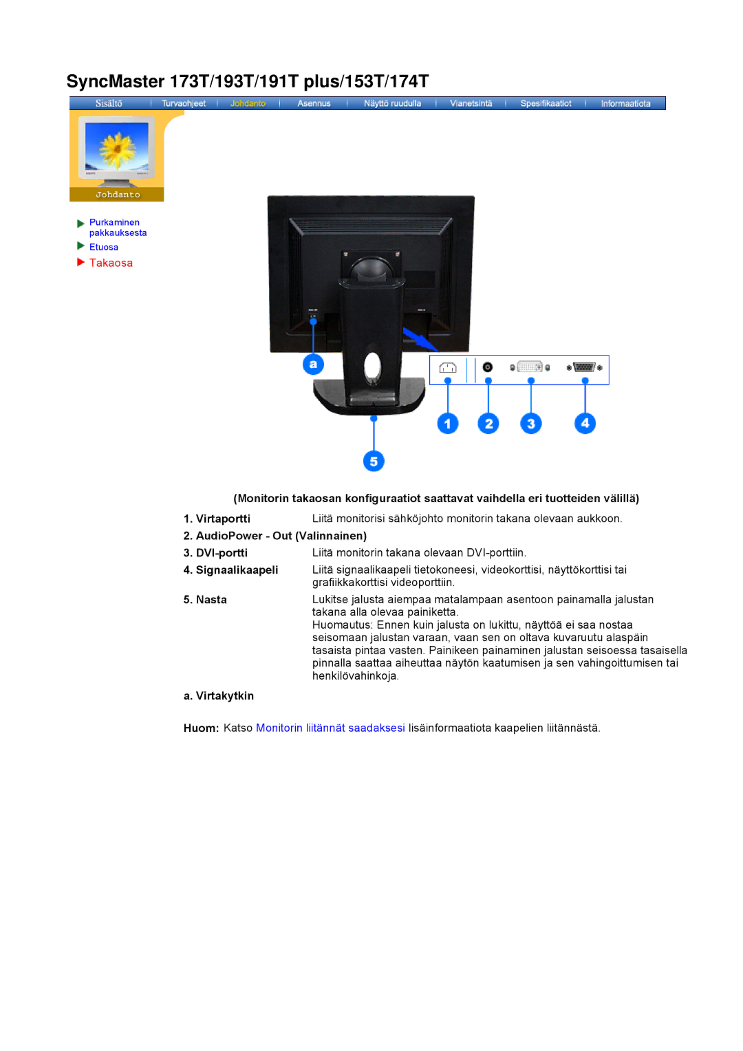 Samsung NB17BSHSQ/EDC manual AudioPower Out Valinnainen, DVI-portti Liitä monitorin takana olevaan DVI-porttiin, Nasta 