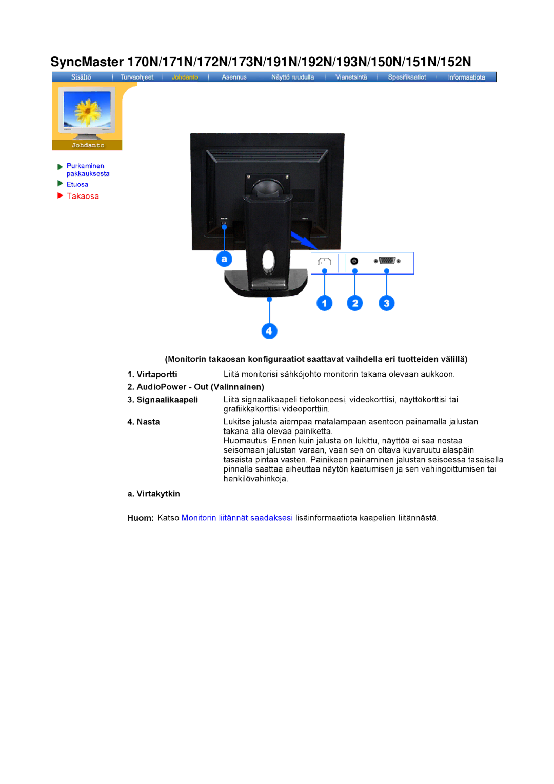 Samsung NB19BSHN/EDC, NB17ASHS/EDC, NB17BSHSQ/EDC manual Liitä monitorisi sähköjohto monitorin takana olevaan aukkoon 