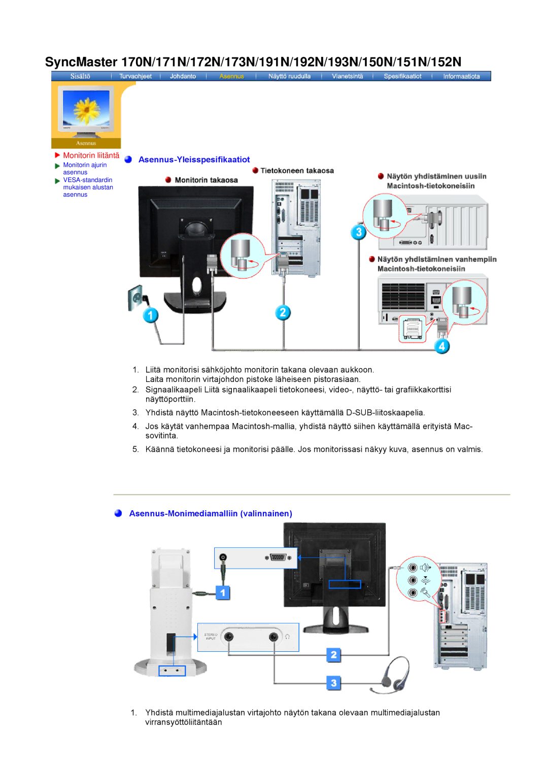 Samsung NB17BSHSQ/EDC, NB17ASHS/EDC, NB19BSHN/EDC, NB17BSPSQ/EDC manual Asennus-Yleisspesifikaatiot 