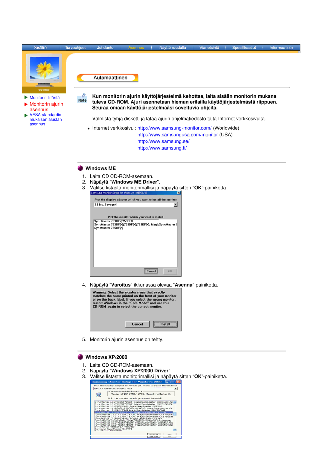 Samsung NB17BSPSQ/EDC, NB17ASHS/EDC, NB17BSHSQ/EDC manual Näpäytä Windows ME Driver, Näpäytä Windows XP/2000 Driver 