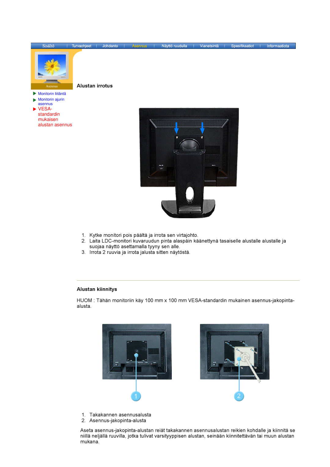 Samsung NB17BSHSQ/EDC, NB17ASHS/EDC, NB19BSHN/EDC, NB17BSPSQ/EDC manual Alustan irrotus, Alustan kiinnitys 