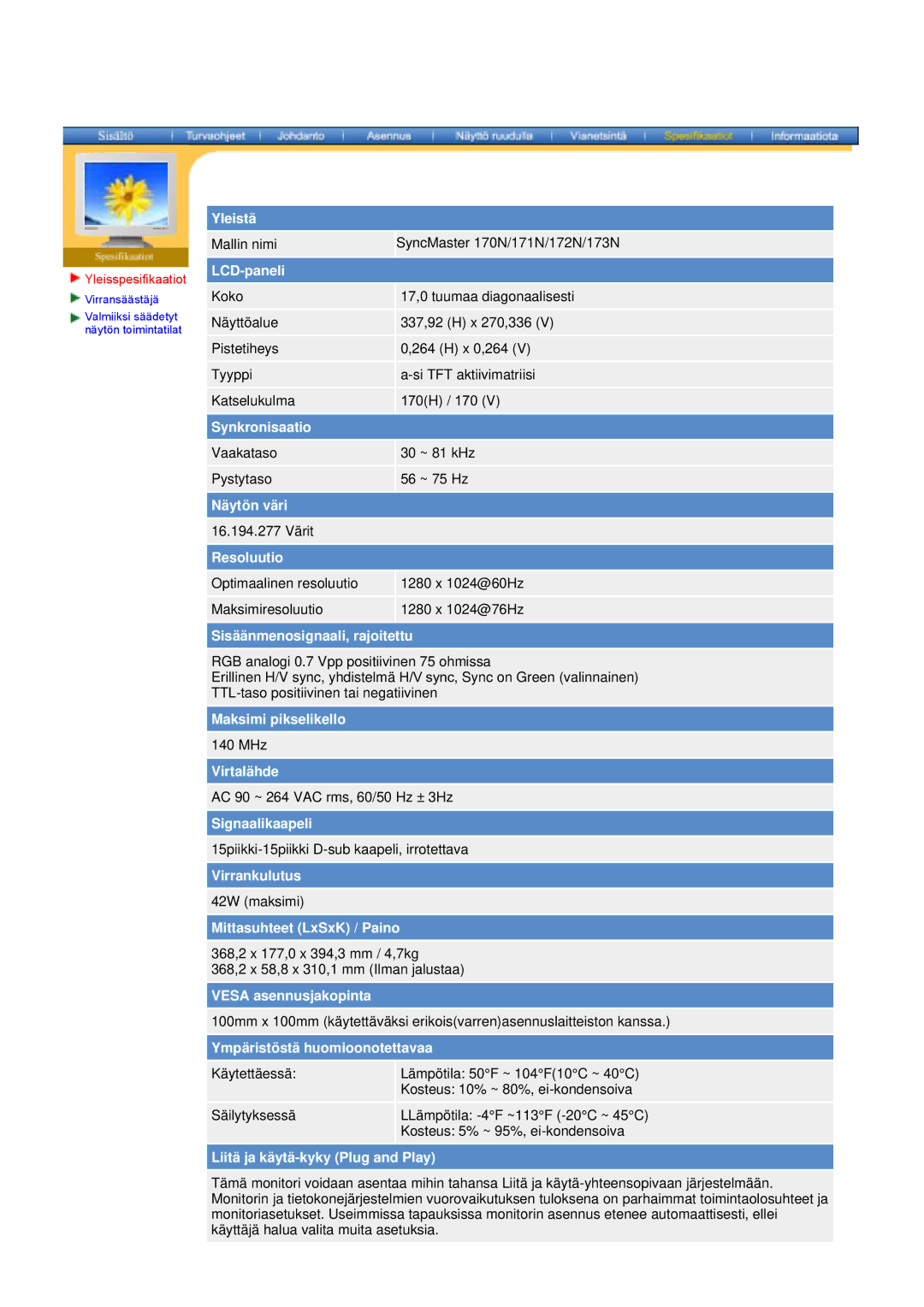 Samsung NB17BSHSQ/EDC, NB17BSPSQ/EDC manual Mallin nimi SyncMaster 170N/171N/172N/173N 