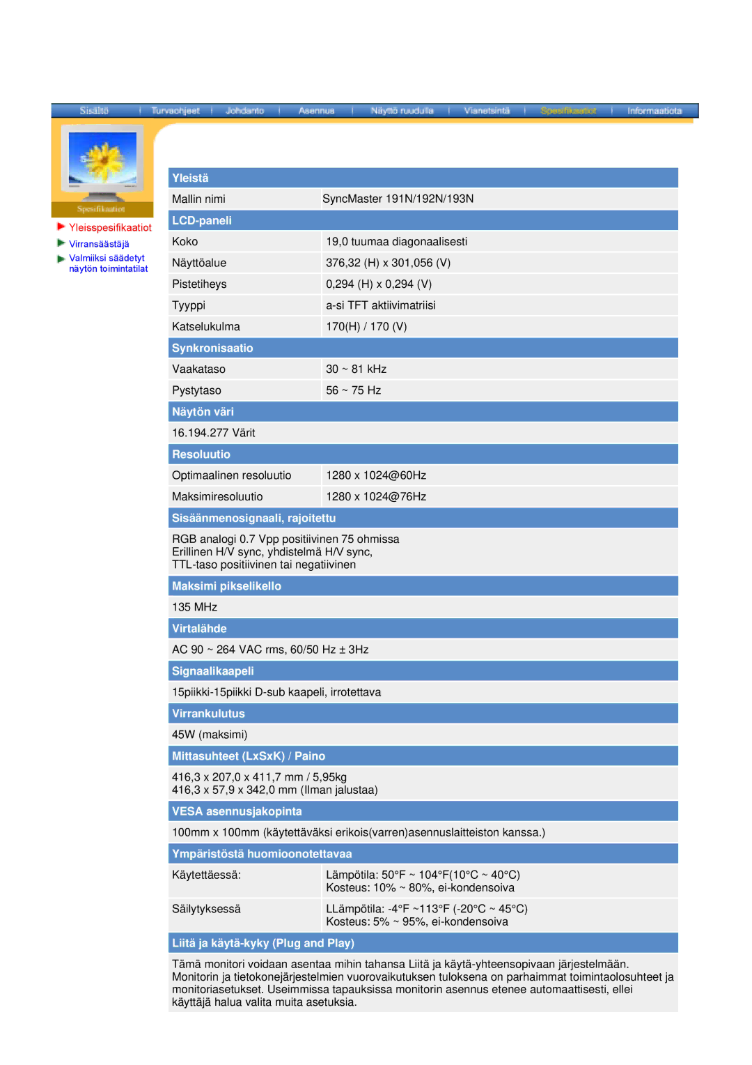 Samsung NB17BSHSQ/EDC, NB17BSPSQ/EDC manual Mallin nimi SyncMaster 191N/192N/193N 