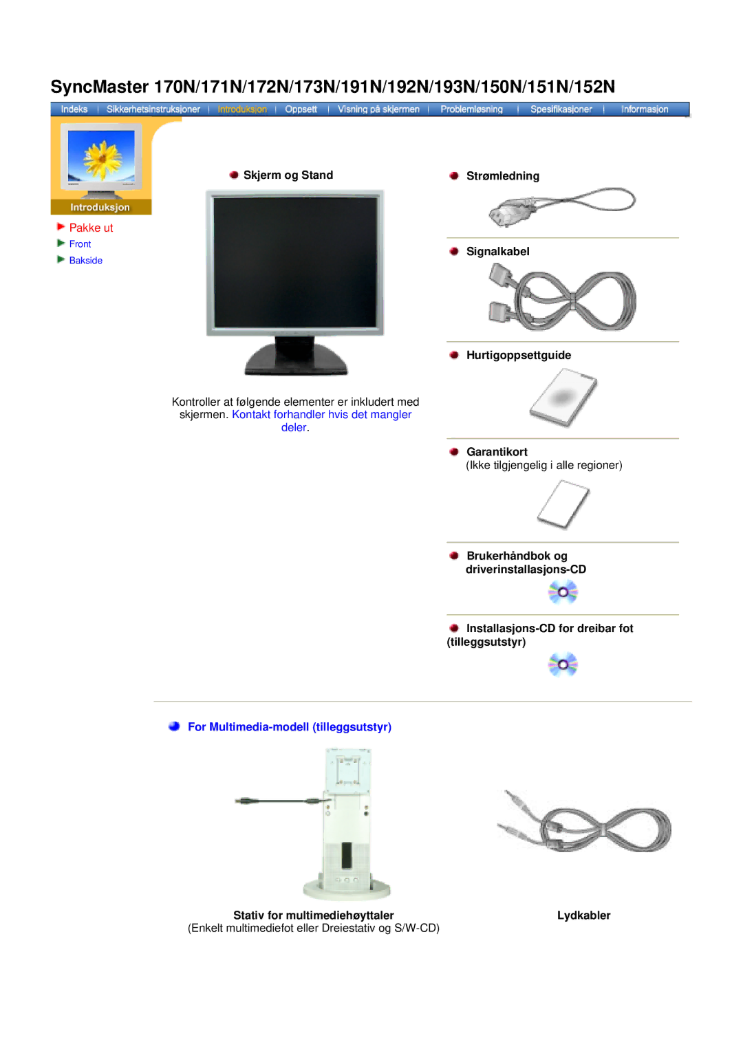 Samsung NB17BSHSQ/EDC, NB17BSPSQ/EDC manual Skjerm og Stand Strømledning Signalkabel Hurtigoppsettguide 