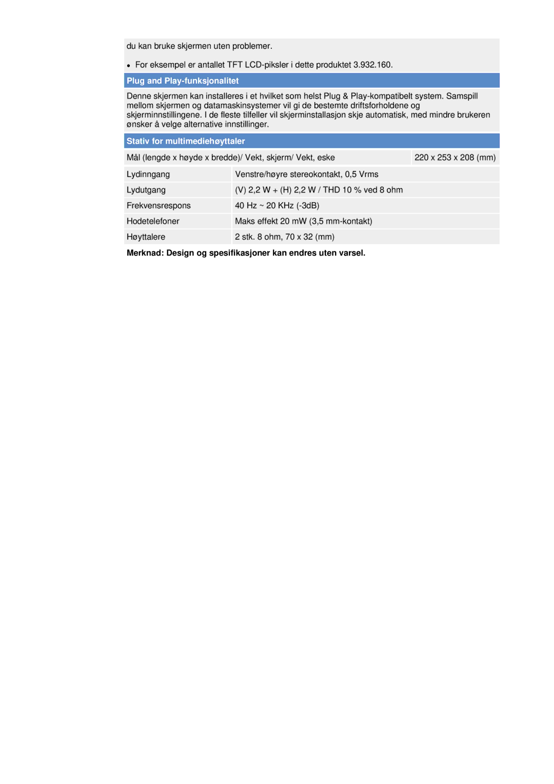 Samsung NB17BSHSQ/EDC manual Plug and Play-funksjonalitet, Merknad Design og spesifikasjoner kan endres uten varsel 