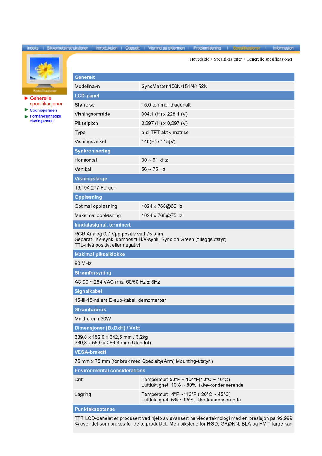 Samsung NB17BSPSQ/EDC, NB17BSHSQ/EDC manual Modellnavn SyncMaster 150N/151N/152N 