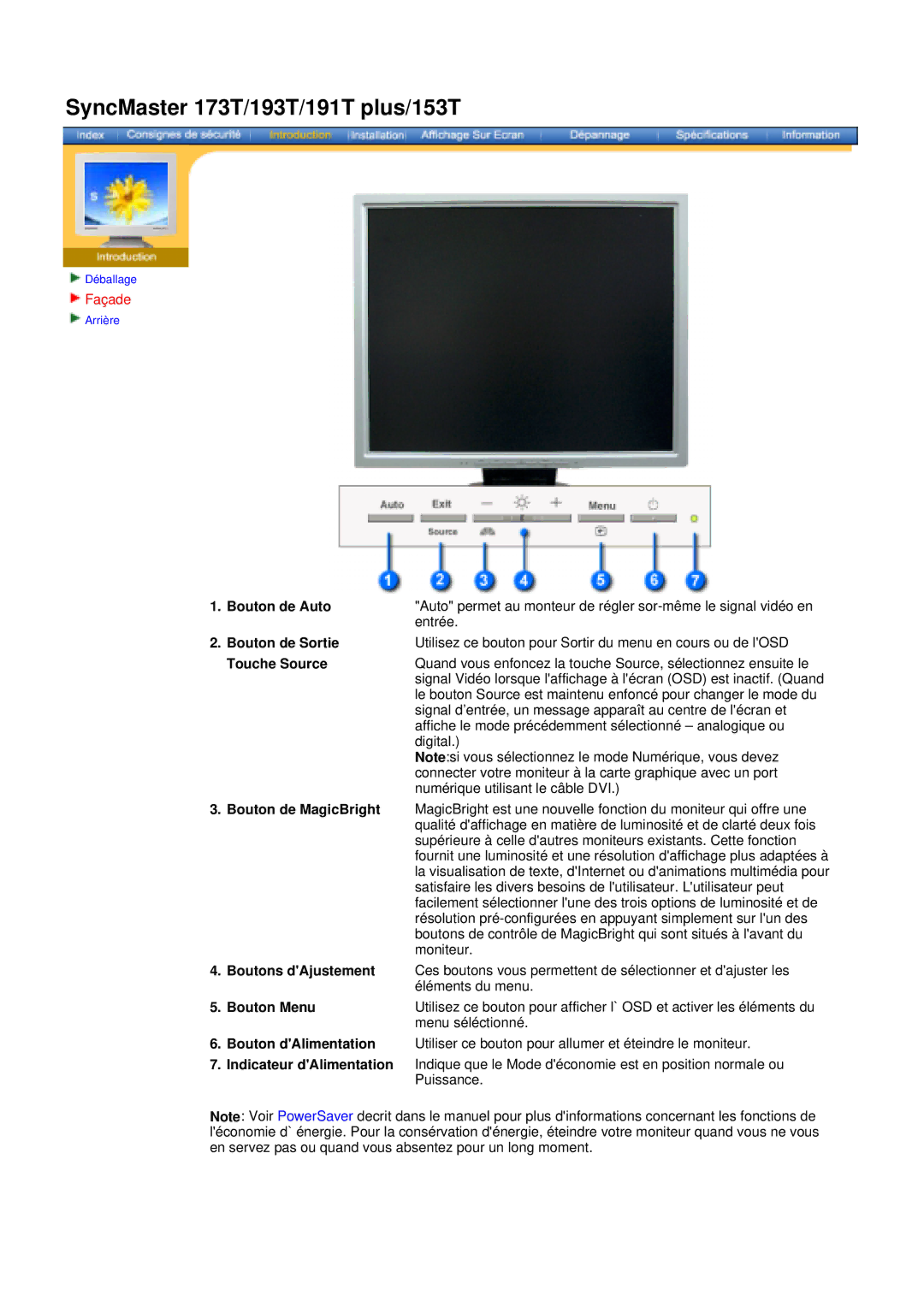 Samsung NB17BSPS/EDC, NB17BSPSV/EDC, GG15ASAB/EDC manual Façade, Bouton de Auto, Bouton de Sortie, Touche Source, Bouton Menu 