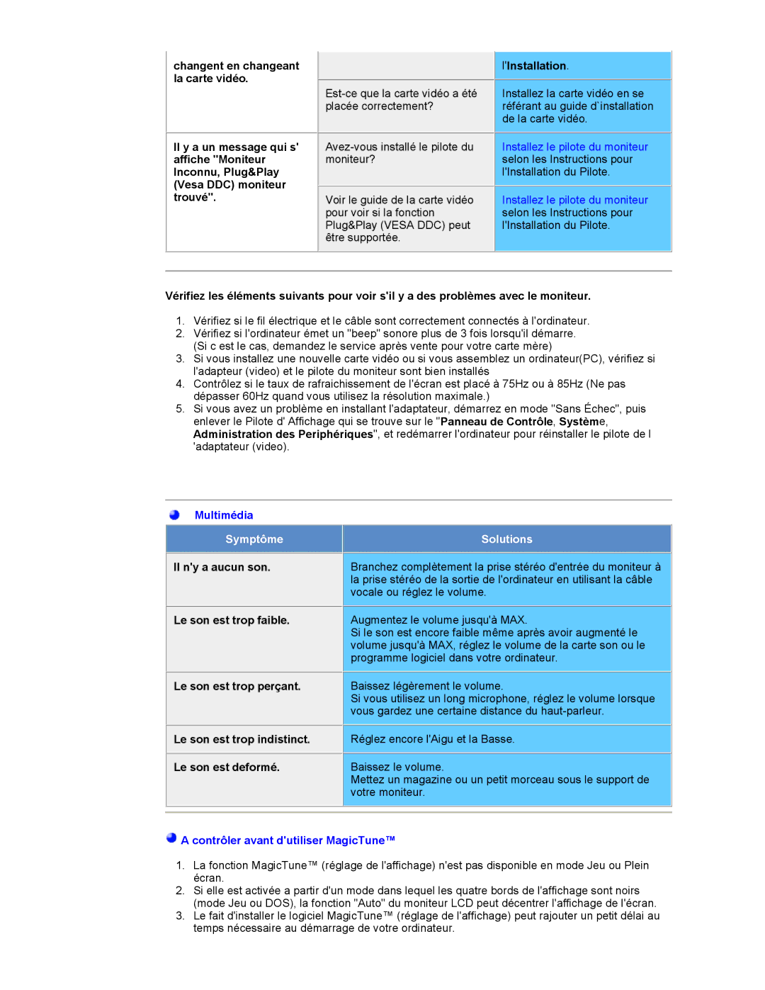 Samsung NB17BSHSZ/EDC manual LInstallation, Le son est trop faible, Le son est trop perçant, Le son est trop indistinct 