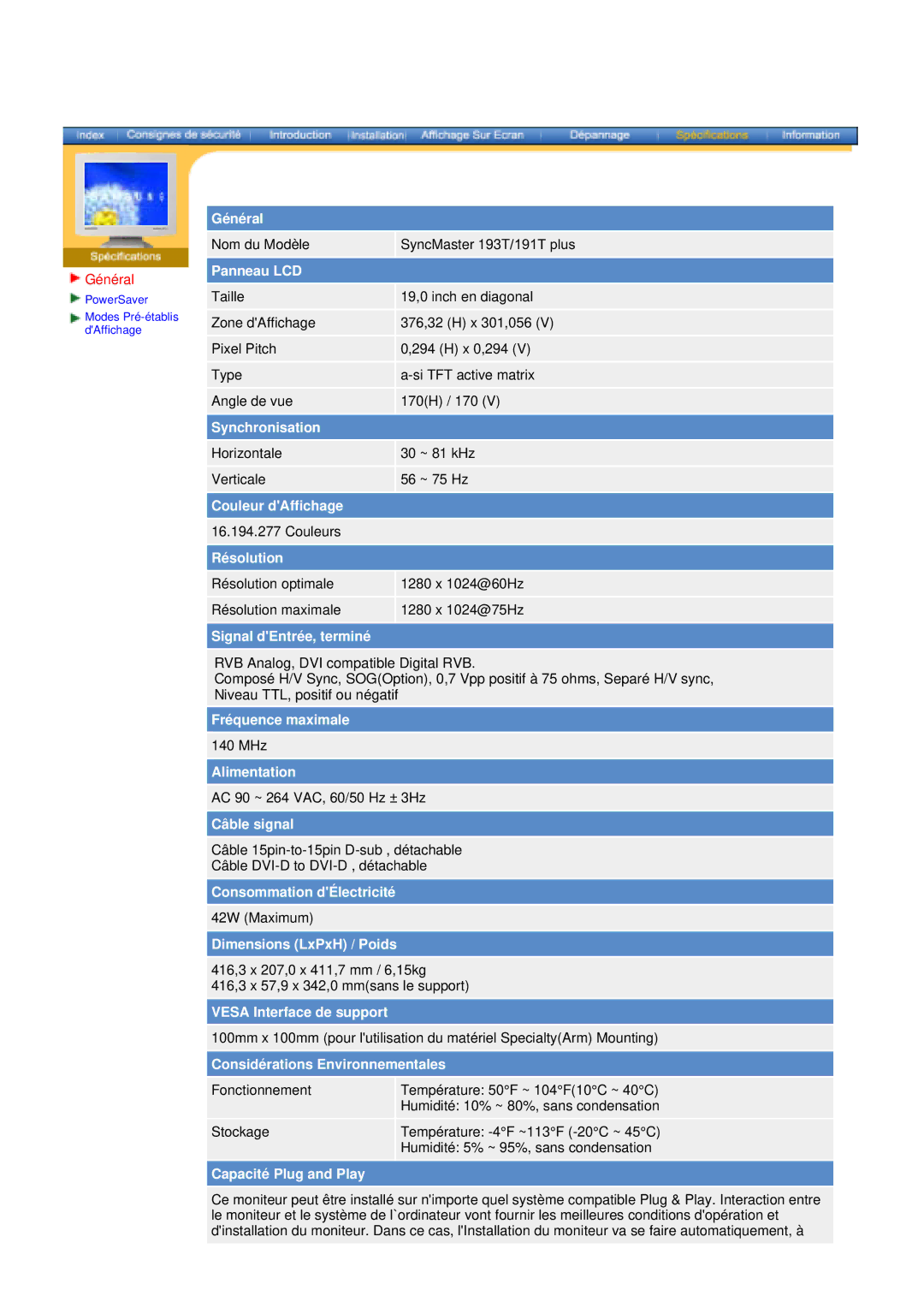 Samsung NB19BSPS/EDC, NB17BSPSV/EDC, NB17BSPSD/EDC, NB17BSHSD/EDC, NB19BSHB/EDC manual Nom du Modèle SyncMaster 193T/191T plus 