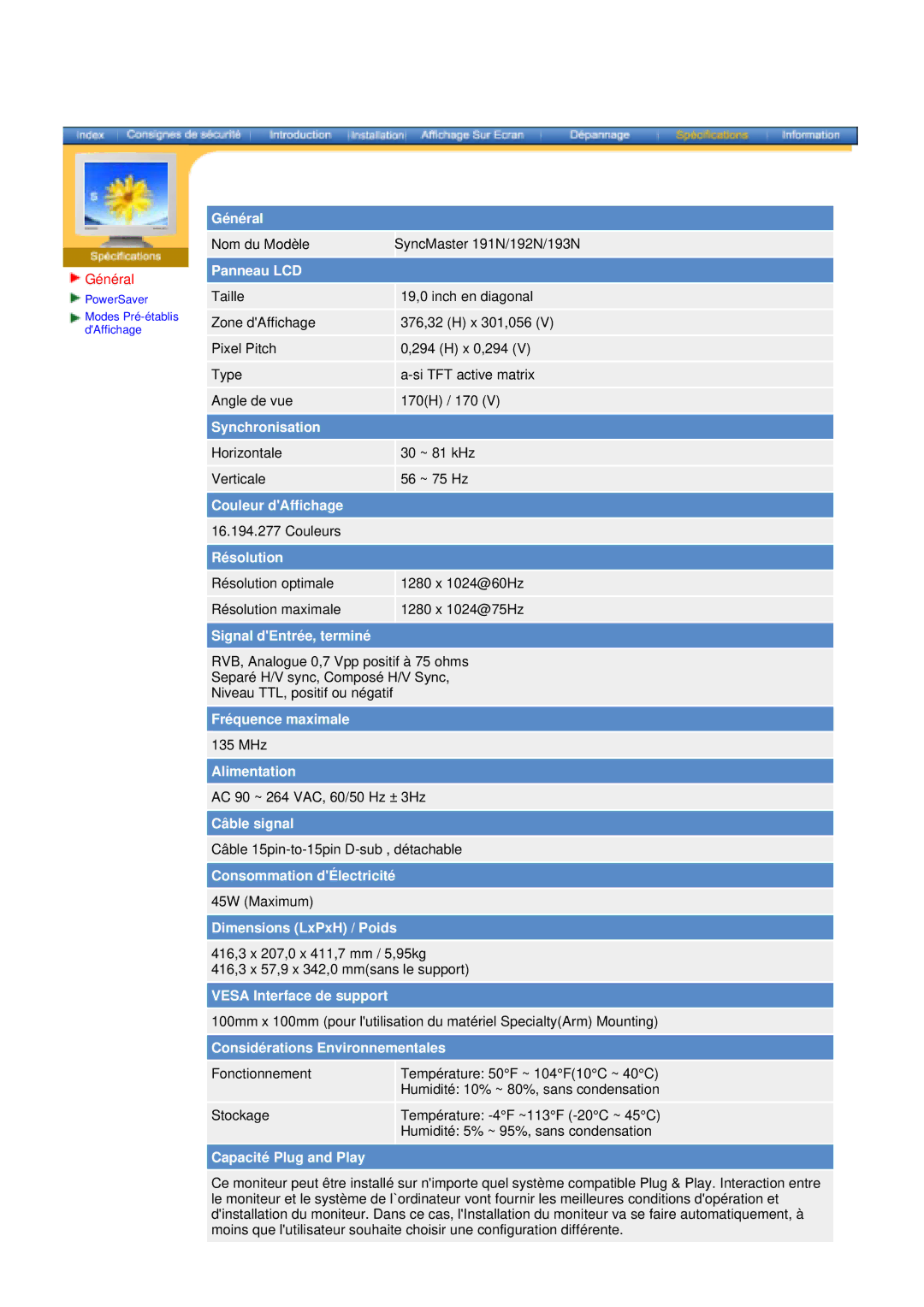 Samsung NB17BSPS/EDC, NB17BSPSV/EDC, NB17BSPSD/EDC, NB17BSHSD/EDC, NB19BSHB/EDC manual Nom du Modèle SyncMaster 191N/192N/193N 