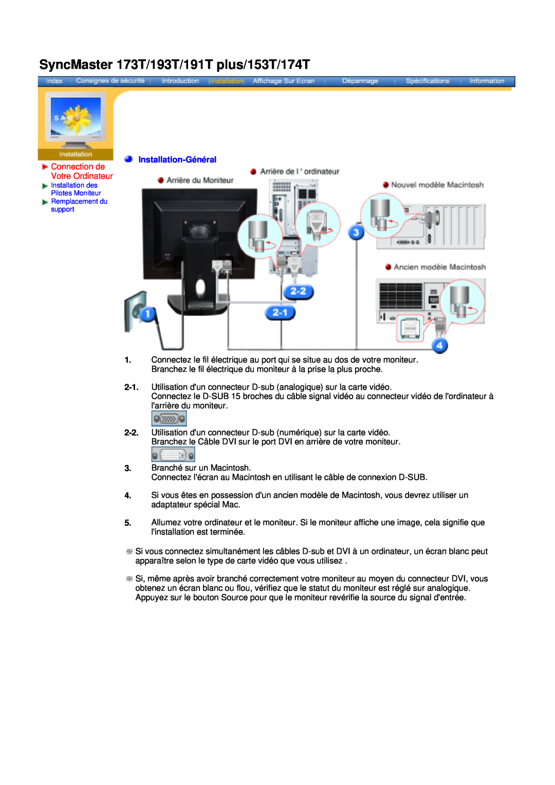Samsung NB19BSHSQ/EDC manual Connection de Votre Ordinateur, Installation-Général, SyncMaster 173T/193T/191T plus/153T/174T 
