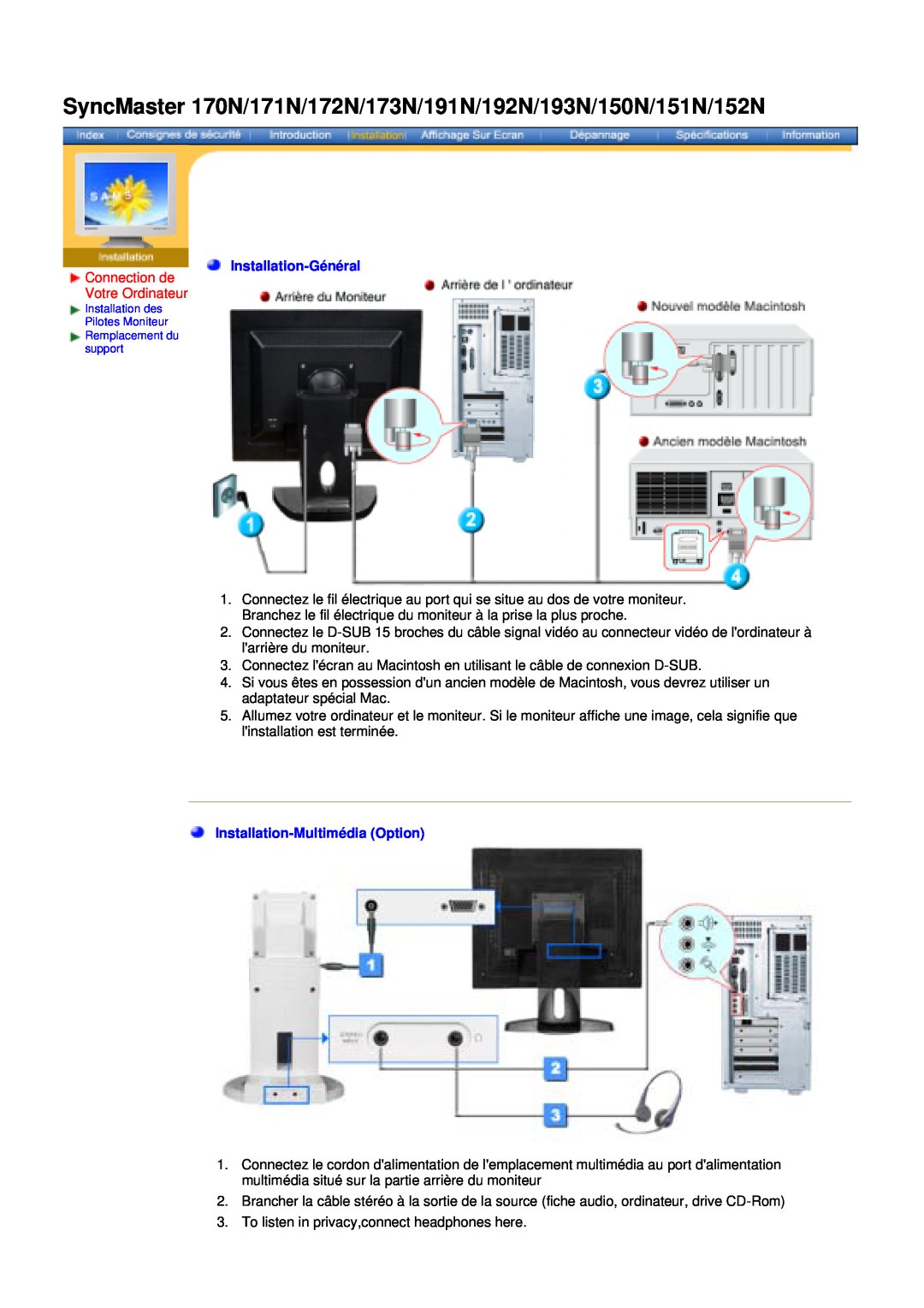 Samsung NB17BSPS/EDC manual SyncMaster 170N/171N/172N/173N/191N/192N/193N/150N/151N/152N, Connection de Votre Ordinateur 