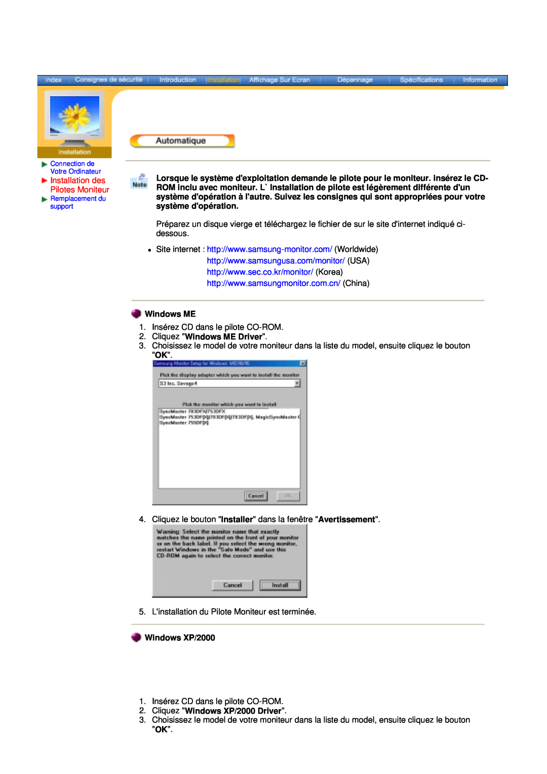 Samsung NB17ASHN/EDC, NB17BSPSV/EDC manual Installation des Pilotes Moniteur, Cliquez Windows ME Driver, Windows XP/2000 
