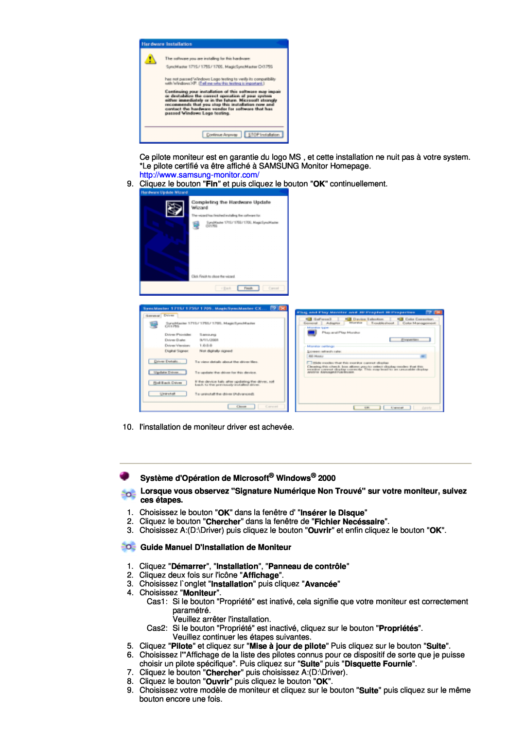 Samsung NB17BSPSQ/EDC, NB17BSPSV/EDC manual Système dOpération de Microsoft Windows, Guide Manuel DInstallation de Moniteur 