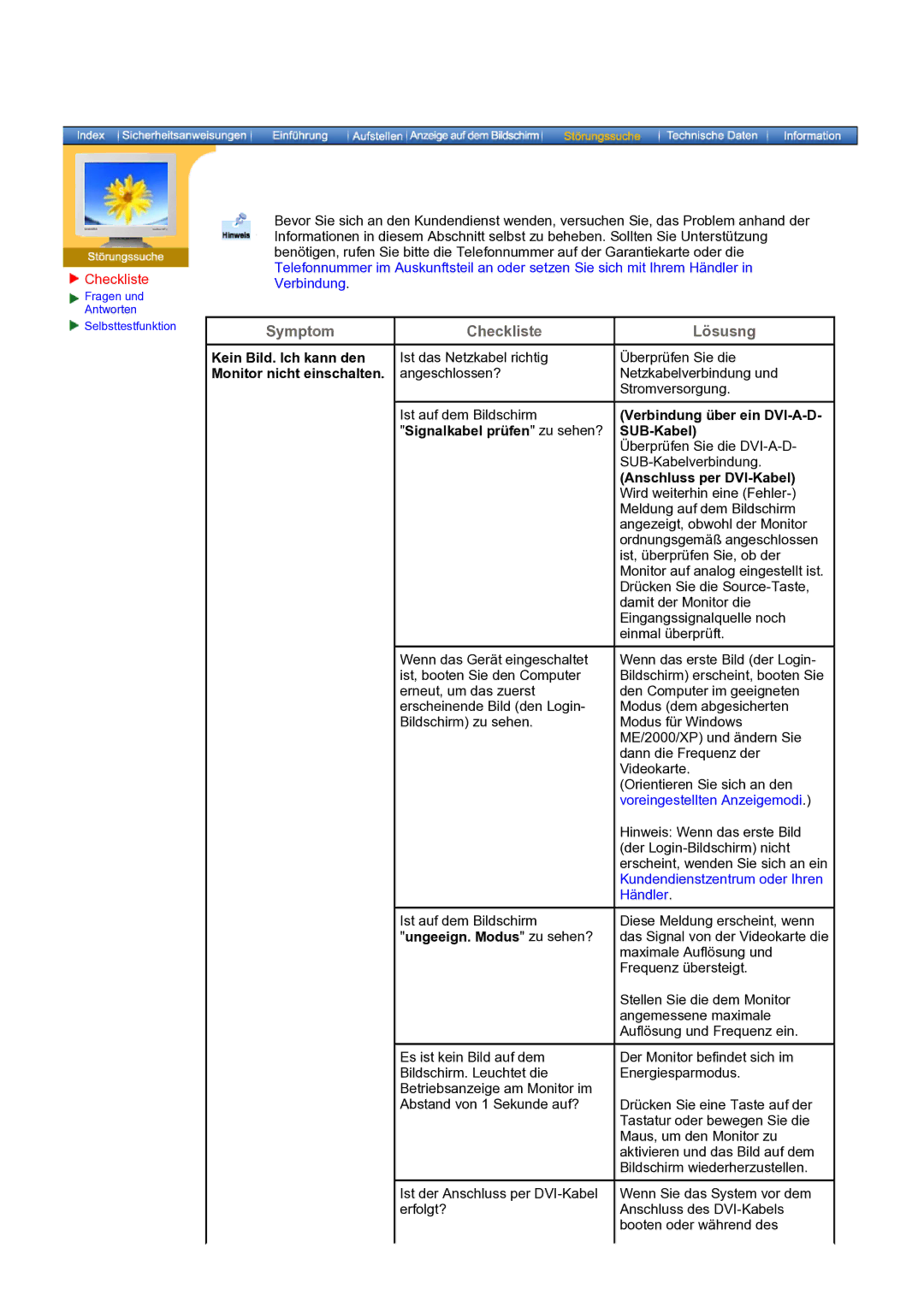 Samsung NB19PSHSB/EDC manual Kein Bild. Ich kann den, Monitor nicht einschalten, Signalkabel prüfen zu sehen? 