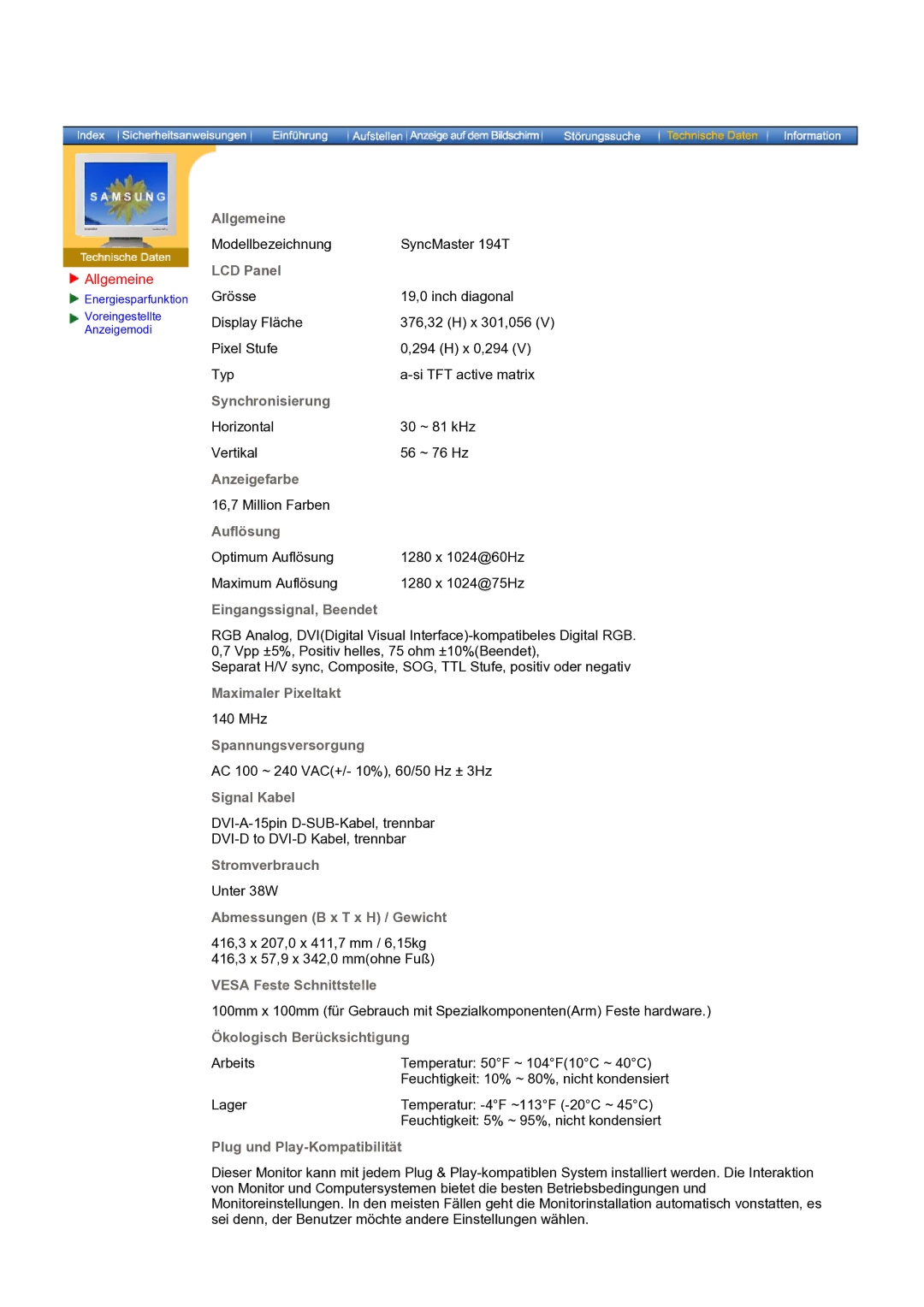 Samsung NB19PSHSB/EDC manual Allgemeine, LCD Panel 