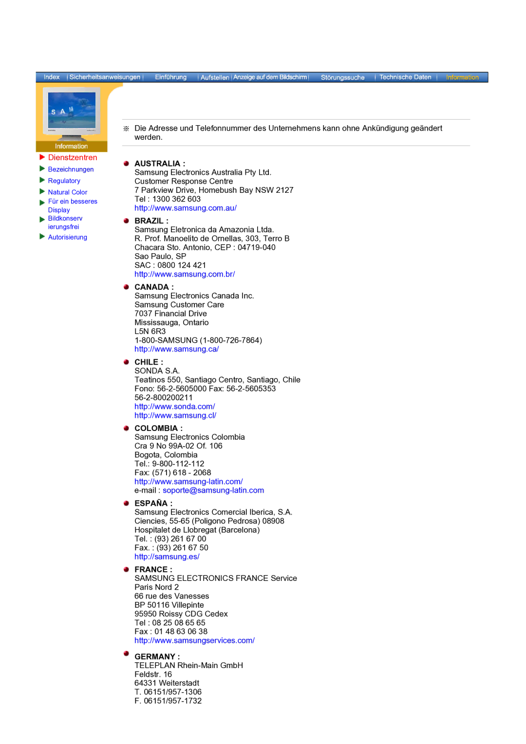 Samsung NB19PSHSB/EDC manual Dienstzentren, Australia Brazil 