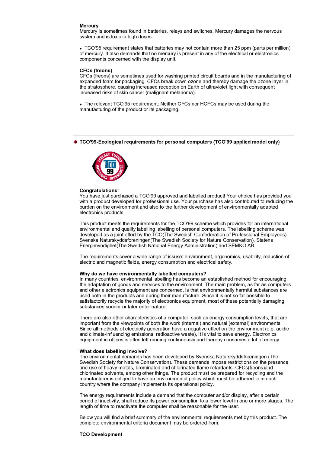 Samsung NB19PSHSB/EDC manual Mercury, CFCs freons, Why do we have environmentally labelled computers?, TCO Development 