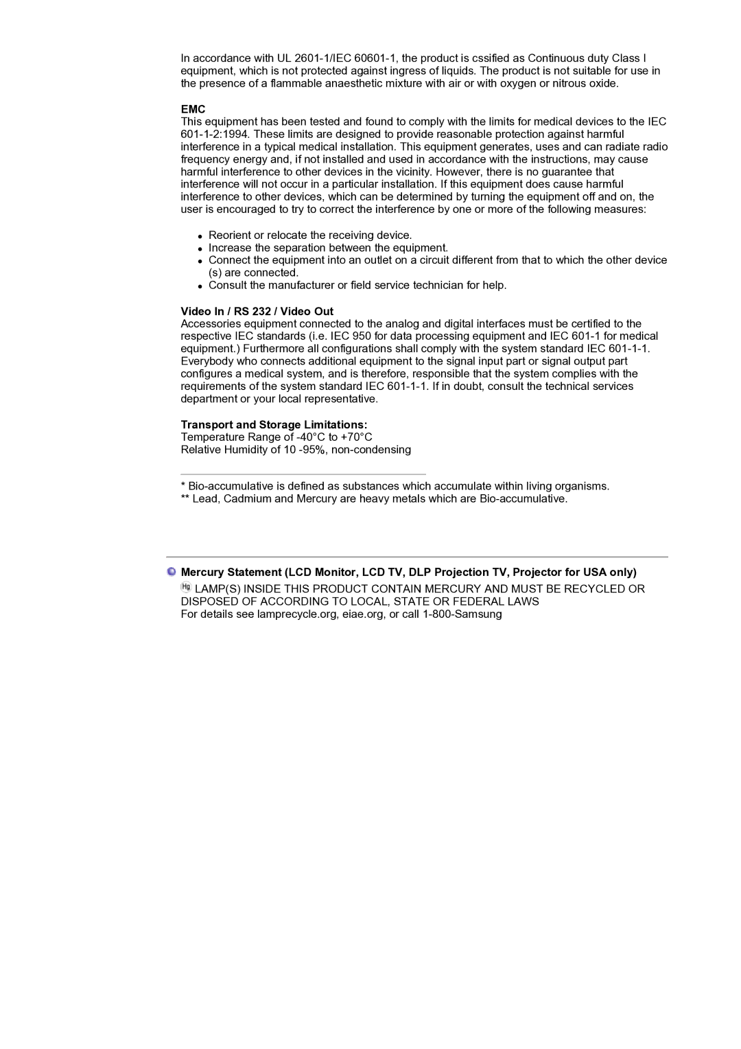 Samsung NB19PSHSB/EDC manual Video In / RS 232 / Video Out, Transport and Storage Limitations 