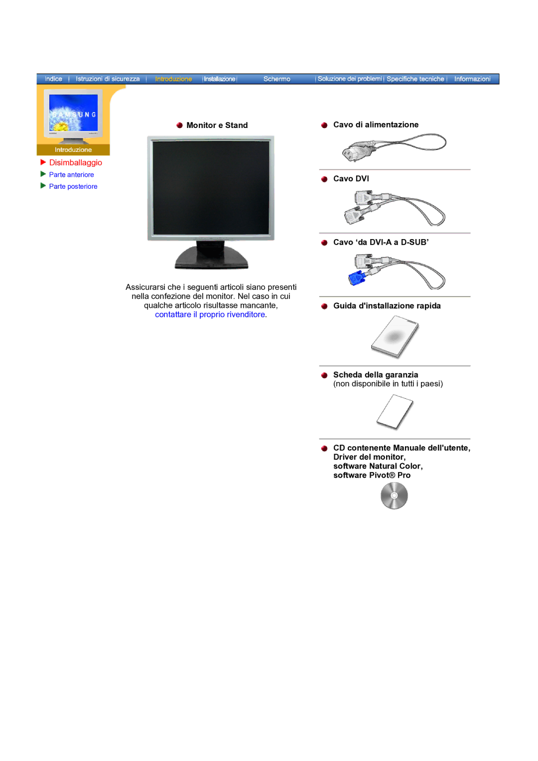 Samsung NB19PSHSB/EDC manual Monitor e Stand, Disimballaggio 