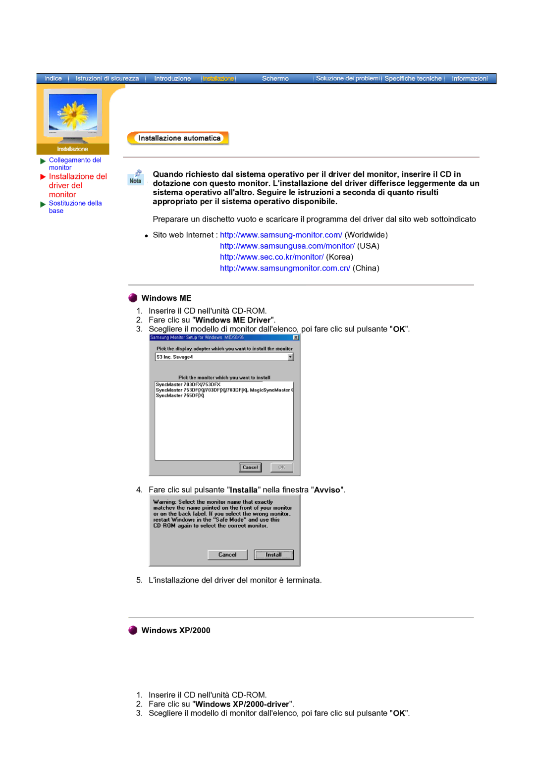 Samsung NB19PSHSB/EDC manual Installazione del driver del monitor, Fare clic su Windows ME Driver, Windows XP/2000 