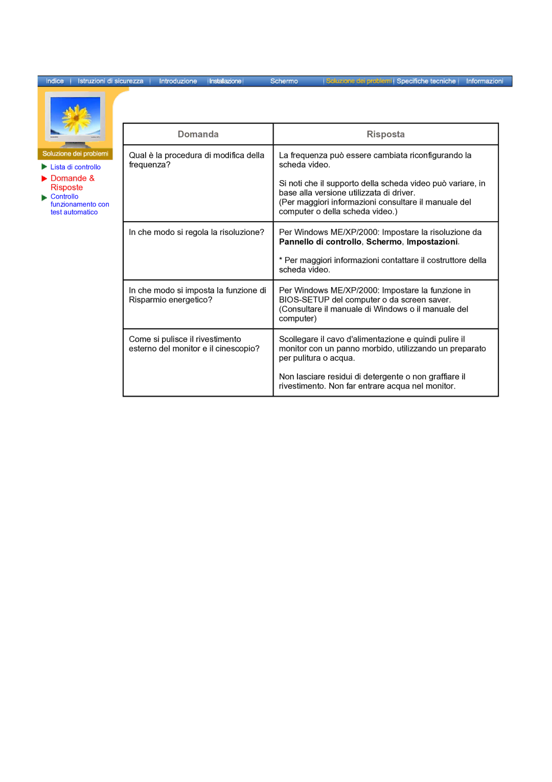 Samsung NB19PSHSB/EDC manual Domande Risposte, Pannello di controllo, Schermo, Impostazioni 