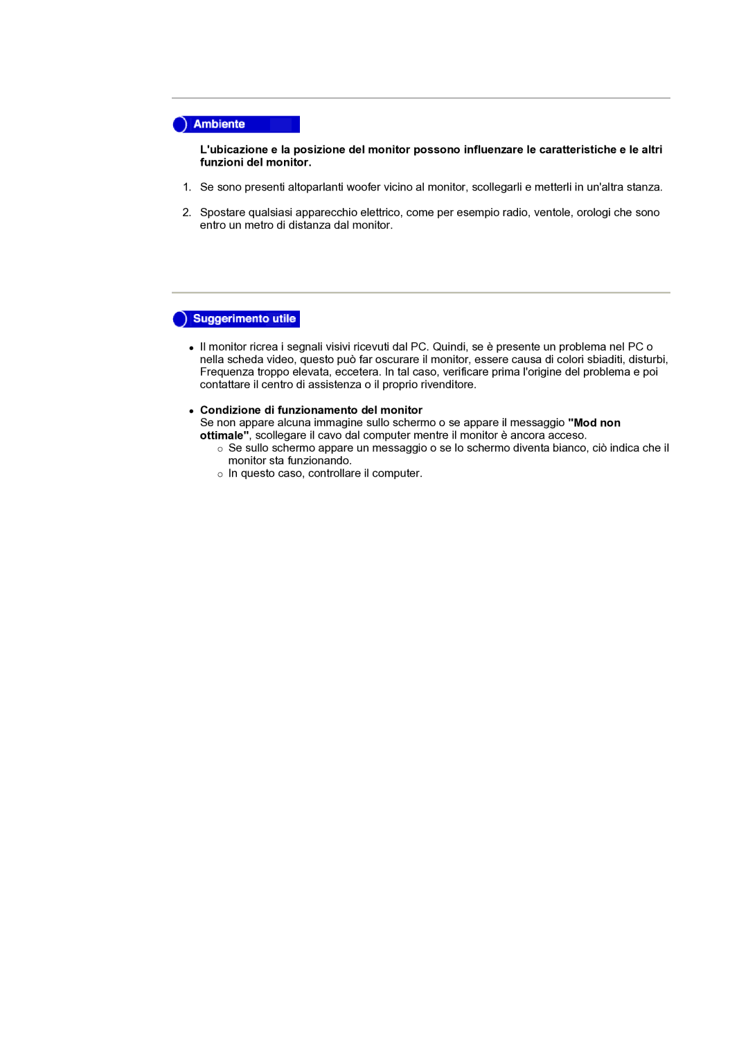 Samsung NB19PSHSB/EDC manual Condizione di funzionamento del monitor 