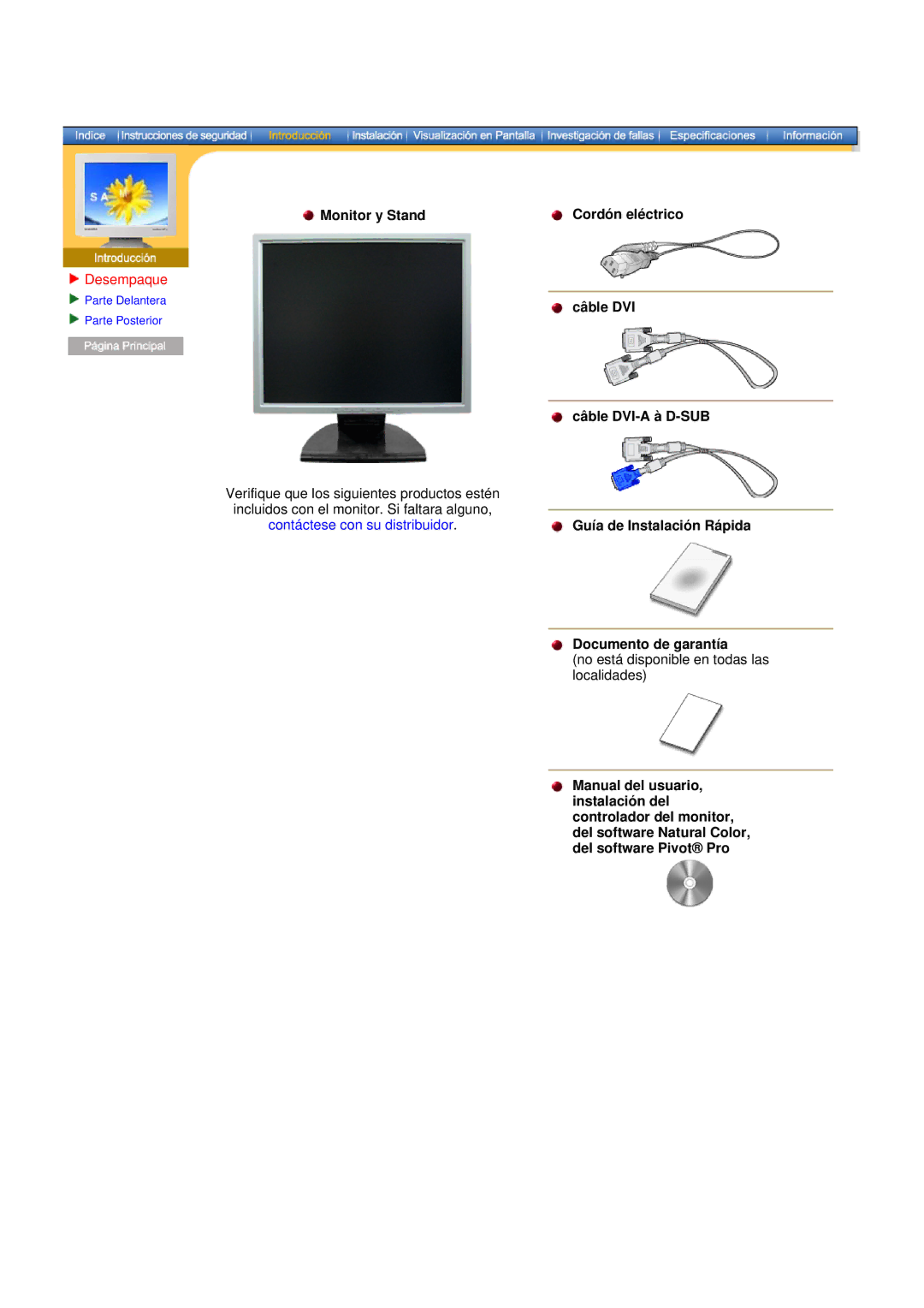 Samsung NB19PSHSB/EDC manual Desempaque, Monitor y Stand Cordón eléctrico Câble DVI 